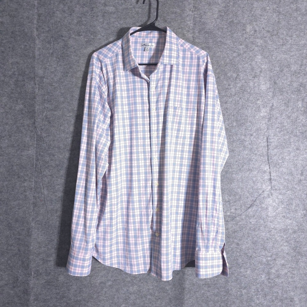 Peter Millar Shirt Mens XL Pink Blue Plaid Long Sleeve Button Down Casual Dress